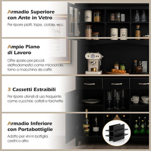 Credenza da Cucina, Armadietto Dispensa da Cucina Alto con Ante in Vetro Temperato, Portabottiglie, Ripiani Regolabili, Mobile Moderno per Cucina con 3 Cassetti e Ripiani Aperti (Nero)