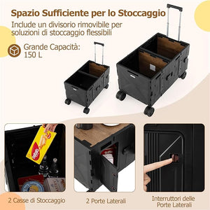 Carrello da Spiaggia Pieghevole 150 L, Carrello con Ruote Portatutto con Armadio a 2 Livelli e Manico Telescopico in Metallo, Carretto Giardino Portatile per Campeggio, Portata 120 kg (Nero)