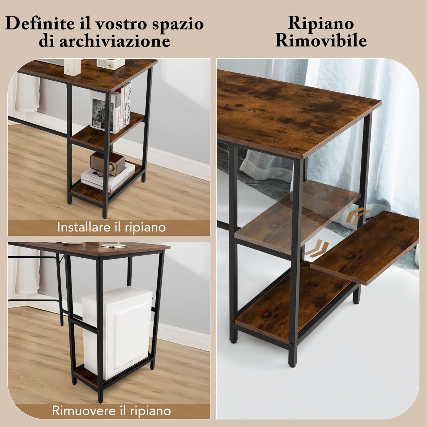 Scrivania Angolare 138 CM, Scrivania ad Angolo con 2 Prese, 2 Porte USB, Telaio in Acciaio al Carbonio e Ripiano a 2 Livelli Rimovibile, Scrivania Salvaspazio da Ufficio e Casa (Marrone)