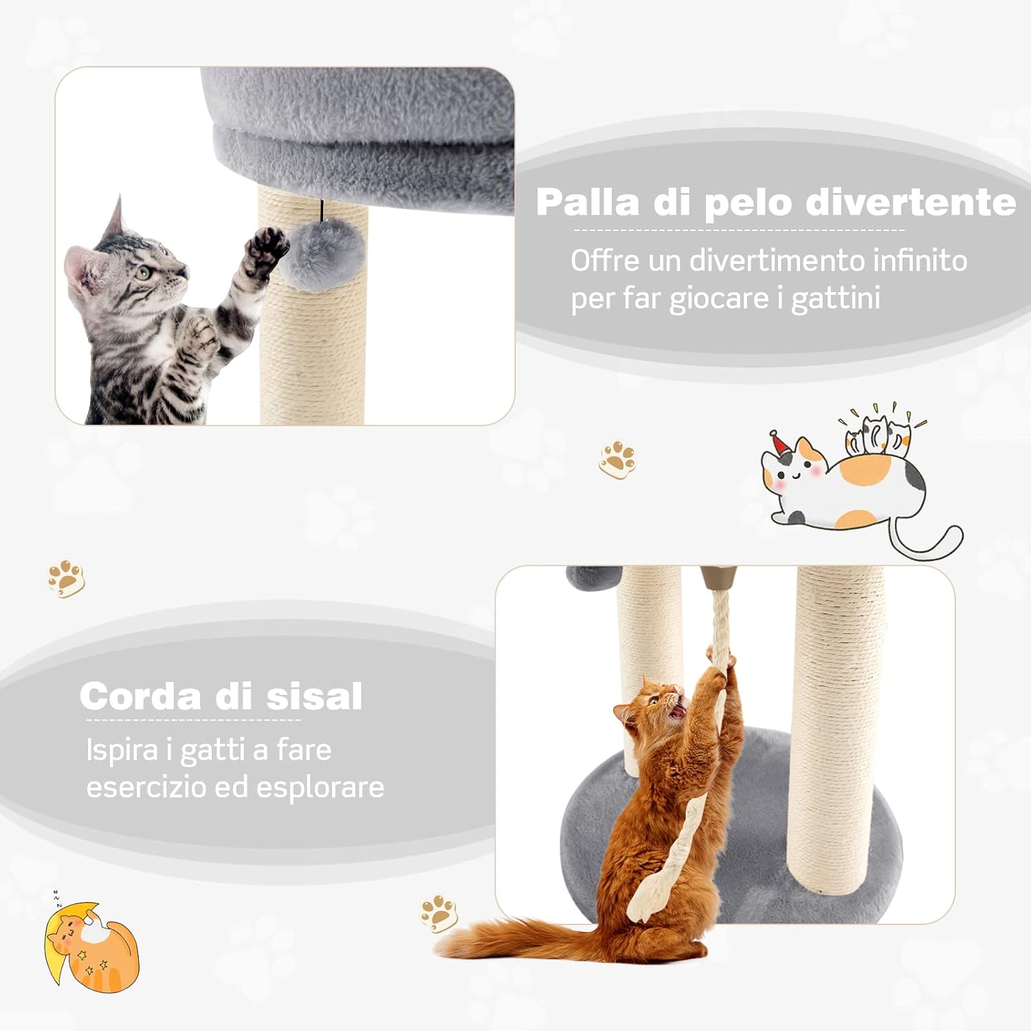 Tiragraffi per Gatti, Albero Tiragraffi Gatto con Cuccia in Peluche, Pallina, Corde e Tiragraffi in Sisal, Tiragraffi da Divano in Legno per Gatti Piccoli, 43 x 43 x 53 cm (Grigio)