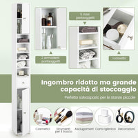 Armadio da Terra Alto, Mobile Colonna Bagno con 2 Ante 1 Cassetto e 5 Ripiani Regolabili, Mobile Bagno Salvaspazio per Bagno Soggiorno Camera da Letto, 20x20x180cm (Bianco)