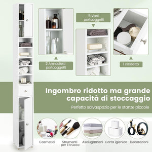 Armadio da Terra Alto, Mobile Colonna Bagno con 2 Ante 1 Cassetto e 5 Ripiani Regolabili, Mobile Bagno Salvaspazio per Bagno Soggiorno Camera da Letto, 20x20x180cm (Bianco)