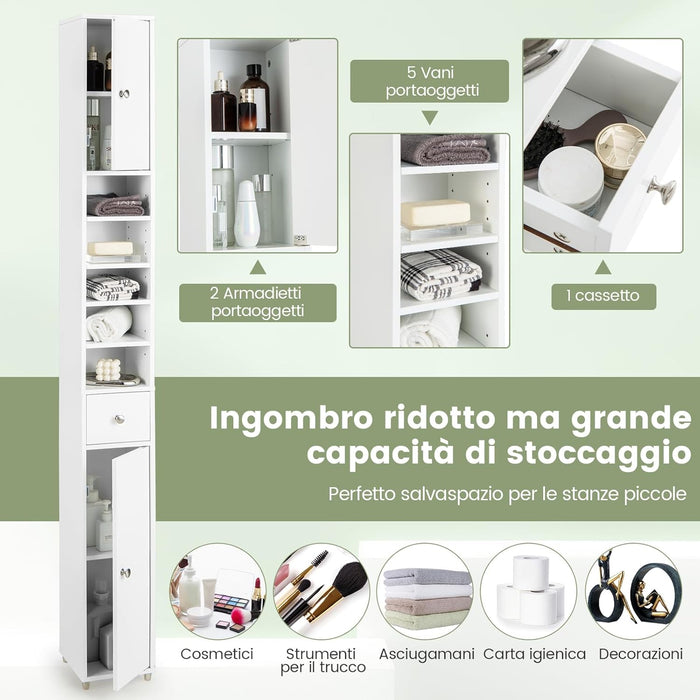 Armadio da Terra Alto, Mobile Colonna Bagno con 2 Ante 1 Cassetto e 5 Ripiani Regolabili, Mobile Bagno Salvaspazio per Bagno Soggiorno Camera da Letto, 20x20x180cm (Bianco)