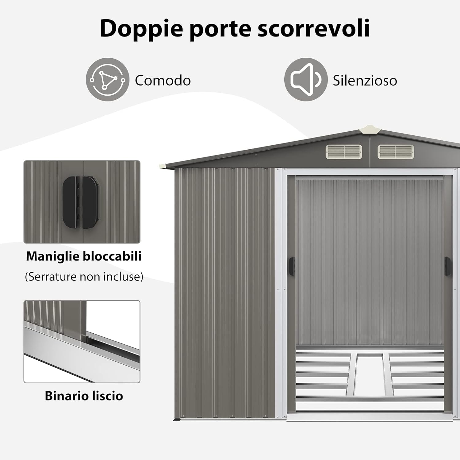 Casetta da Giardino 260 x 207 x 181 cm, Capanni da Esterno con 4 Feritoie, Doppie Porte e Rampa, Capannone Porta Attrezzi in Acciaio Zincato per Giardino e Cortile (Grigio sicuro)