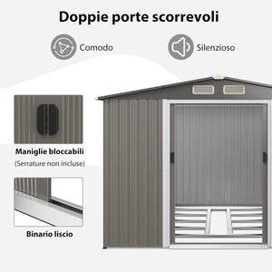 Casetta da Giardino 260 x 207 x 181 cm, Capanni da Esterno con 4 Feritoie, Doppie Porte e Rampa, Capannone Porta Attrezzi in Acciaio Zincato per Giardino e Cortile (Grigio sicuro)