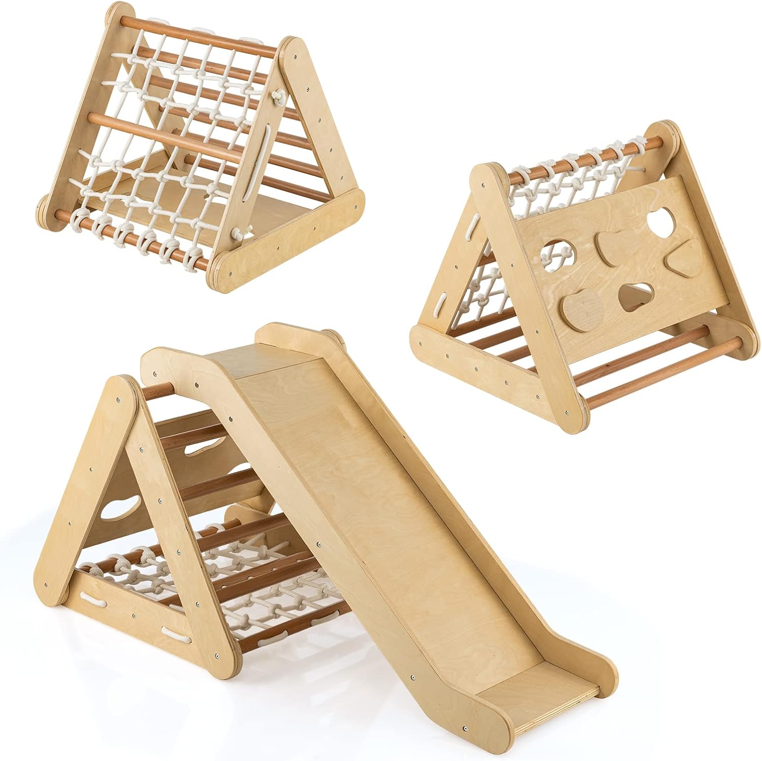 Set 4 in1 Arrampicata per Bambini, Arrampicata a Triangolo con Scivolo, Set di Arrampicata in Legno per Interni e Esterni con Rete di Arrampicata, Carico 60kg, 1 Anni+ (Naturale)