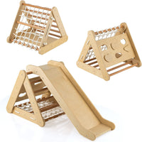 Set 4 in1 Arrampicata per Bambini, Arrampicata a Triangolo con Scivolo, Set di Arrampicata in Legno per Interni e Esterni con Rete di Arrampicata, Carico 60kg, 1 Anni+ (Naturale)