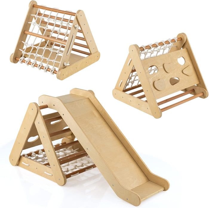 Set 4 in1 Arrampicata per Bambini, Arrampicata a Triangolo con Scivolo, Set di Arrampicata in Legno per Interni e Esterni con Rete di Arrampicata, Carico 60kg, 1 Anni+ (Naturale)