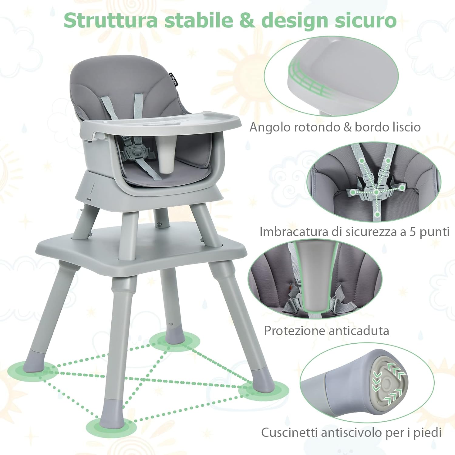 Seggiolone Pappa per Bambini 6 in 1, Seggiolone per Neonati Convertibile, Tavolo per Costruzioni per Bambini, con Imbracatura a 5 Punti, per Bambini da 6 Mesi fino 3 Anni (Grigio)
