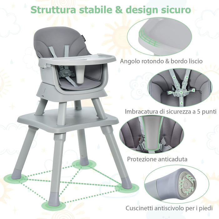 Seggiolone Pappa per Bambini 6 in 1, Seggiolone per Neonati Convertibile, Tavolo per Costruzioni per Bambini, con Imbracatura a 5 Punti, per Bambini da 6 Mesi fino 3 Anni (Grigio)