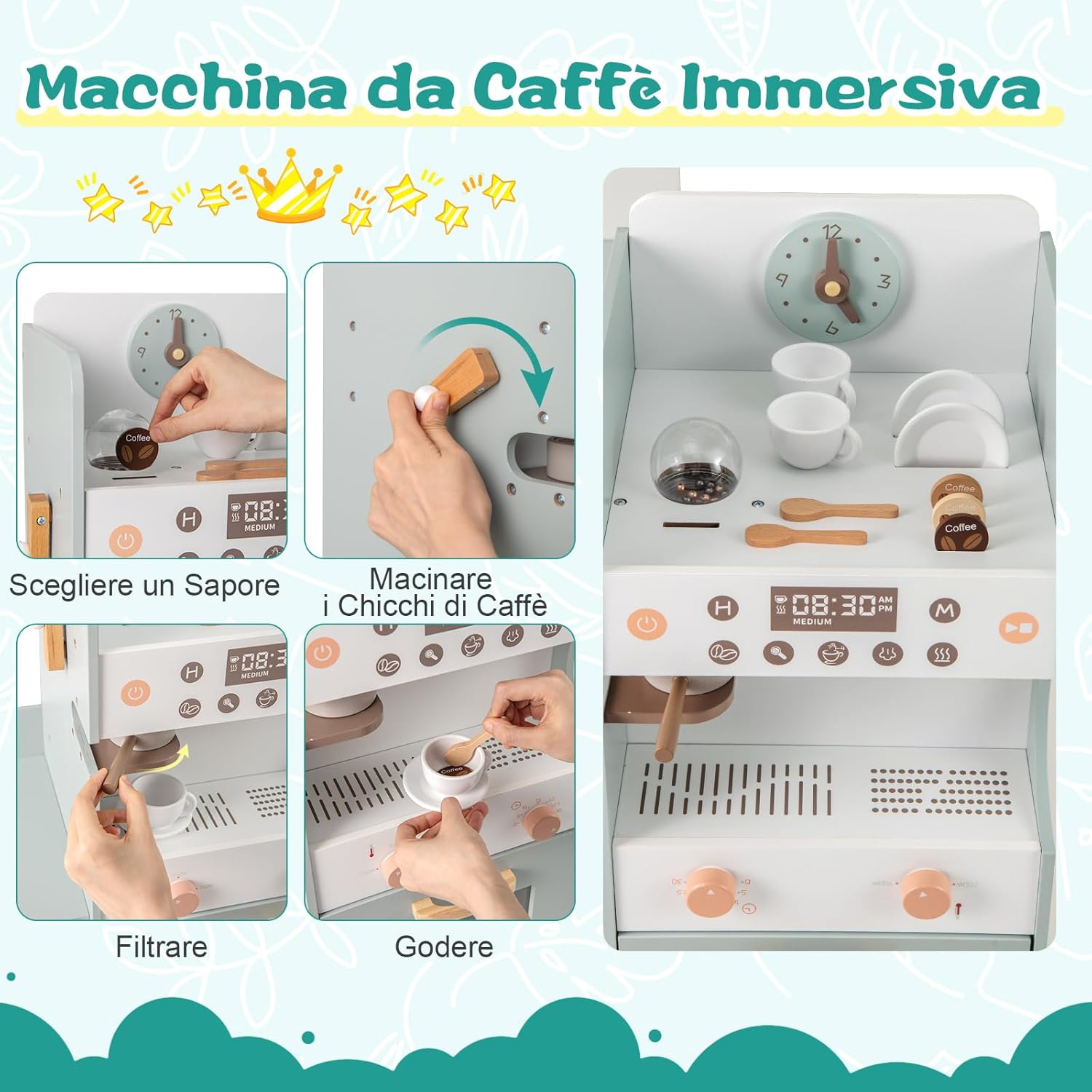 Mercato Giocattolo per Bambini con Cassa, Negozio Giocattolo in Legno con Macchina Caffè e Distributore Automatico, Banco Mercato Giocattolo con Scaffali e 30 Accessori, per Bambini 3+ Anni