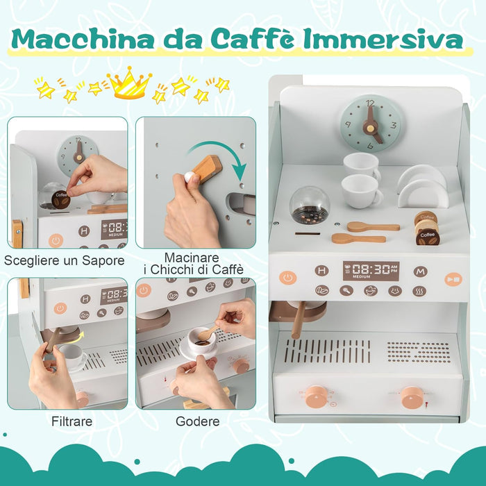 Mercato Giocattolo per Bambini con Cassa, Negozio Giocattolo in Legno con Macchina Caffè e Distributore Automatico, Banco Mercato Giocattolo con Scaffali e 30 Accessori, per Bambini 3+ Anni