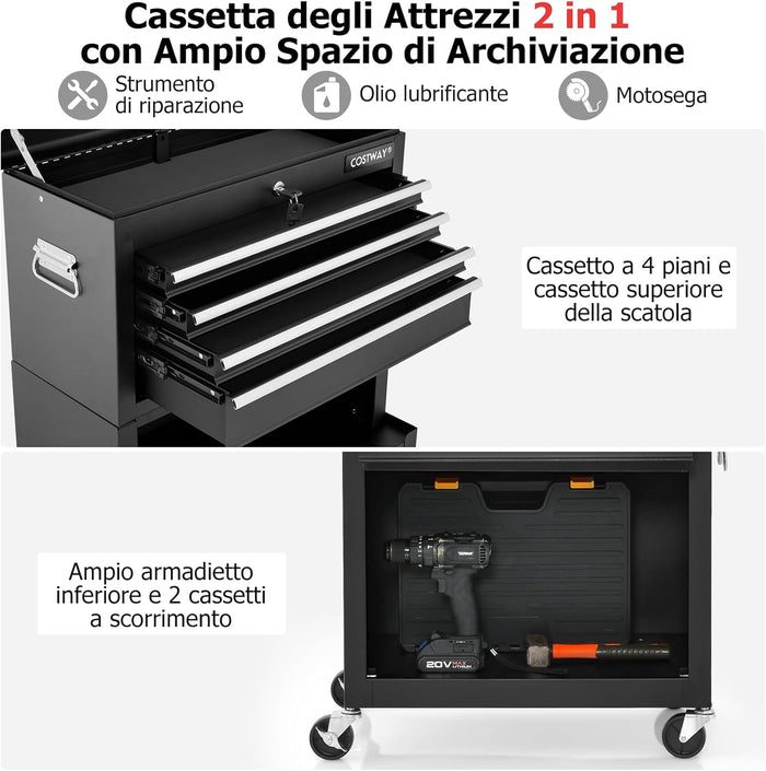 Cassettiera Portautensili a 6 Cassetti, Carrello per Attrezzi con Ruote Bloccabili, con Ripiano rimovibile e Serratura, 61,5 x 33 x 132 cm (Nero)