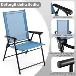 Set di 2 Sedie Pieghevoli da Giardino, Sedie Portatili con Braccioli e Struttura in Metallo, Sedie da Esterno Giardino Campeggio Terrazza Balcone Piscina, 65x60x93cm (blu)
