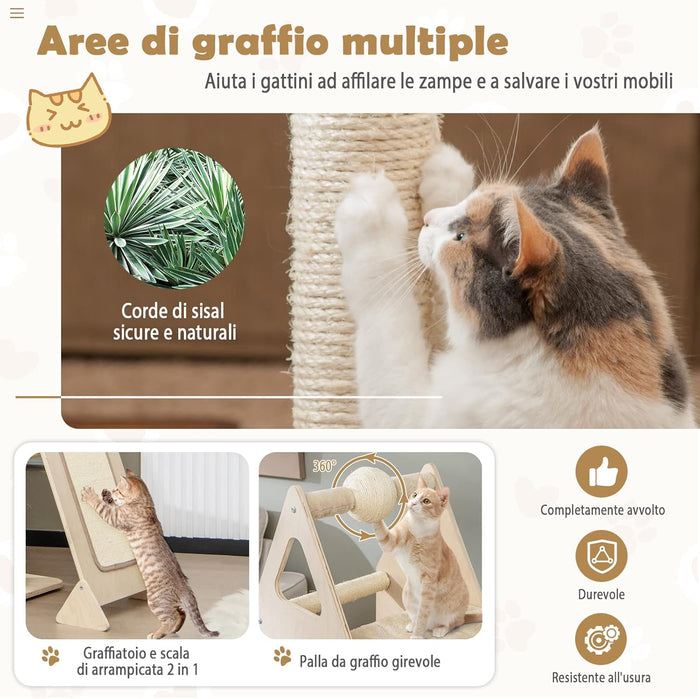 Tiragraffi per Gatti in Legno, Tiragraffi per Gatti con Cuccia, Piattaforma, 3 Cuscini Rimovibili e Lavabili e Tiragraffi, Albero Tiragraffi per Gatti Medi e Grandi, 111 x 42 x 155 cm