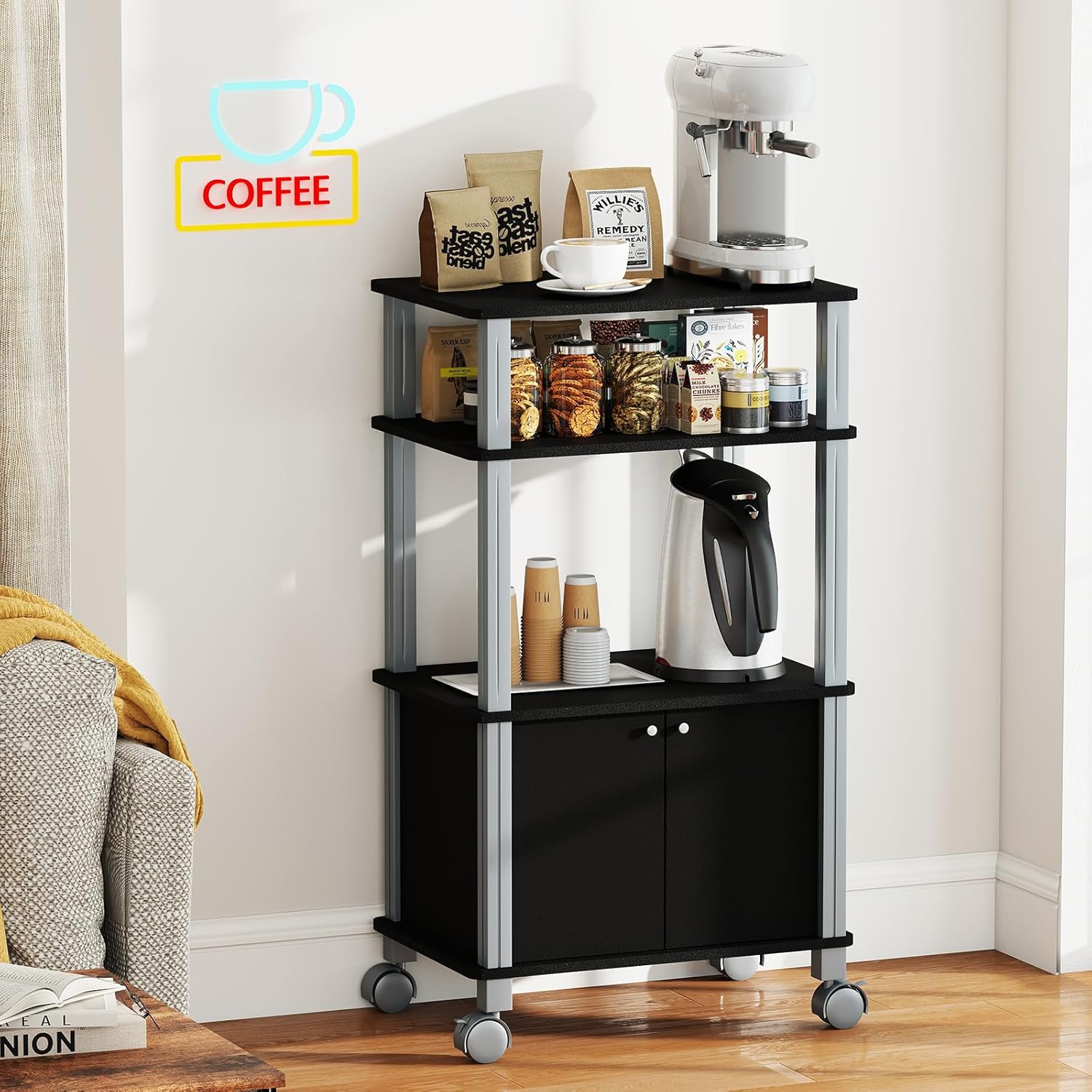 Scaffale da Cucina per Microonde Carrello, con Ruote e 2 Ante, Multifunzionale e Movimento Flessibile, 60x40x98 cm MDF, plastica (Nero)