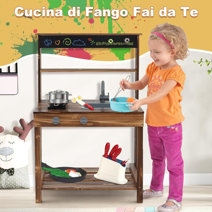 Cucina Giocattolo per Bambini, Cucina per Bambini in Abete Cinese con Rubinetto Girevole e Lavandino Rimovibile, Fornelli e Manopole, Lavagna, per Bambini 3-7 Anni