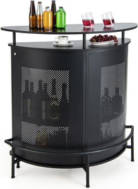 COSTWAY Tavolo Bar Semicircolare 110,5 x 48 x 112,5cm, Bancone Bar a 4 Ripiani con Scaffali di Stoccaggio e 3 Supporti per Calici, Piano Curvo, Fronte in Metallo Perforato e Poggiapiedi, Nero