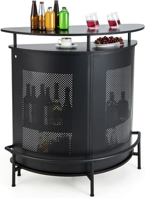 COSTWAY Tavolo Bar Semicircolare 110,5 x 48 x 112,5cm, Bancone Bar a 4 Ripiani con Scaffali di Stoccaggio e 3 Supporti per Calici, Piano Curvo, Fronte in Metallo Perforato e Poggiapiedi, Nero