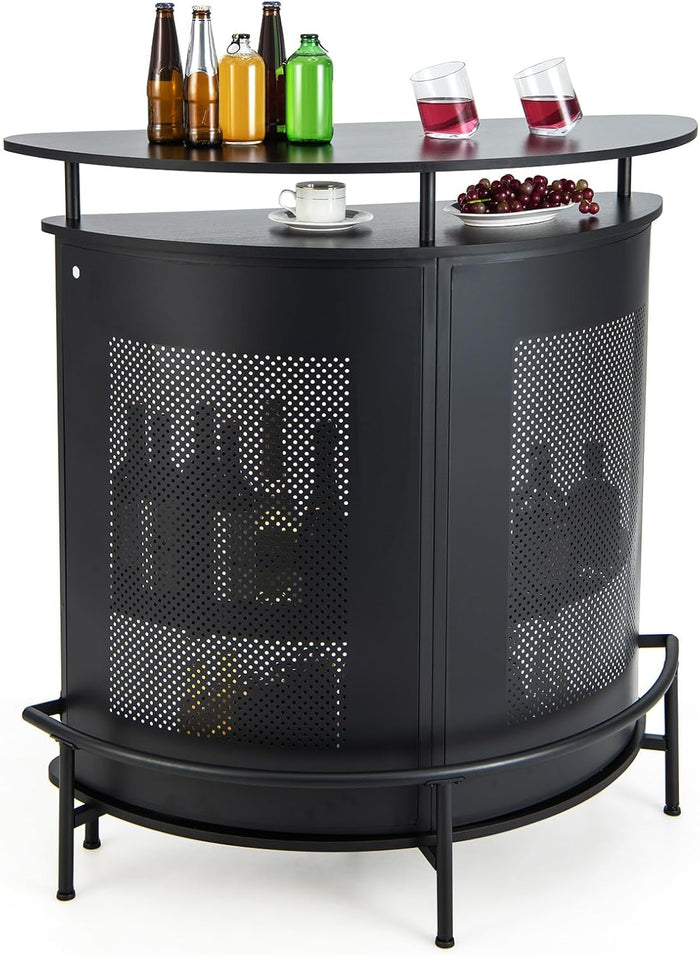 COSTWAY Tavolo Bar Semicircolare 110,5 x 48 x 112,5cm, Bancone Bar a 4 Ripiani con Scaffali di Stoccaggio e 3 Supporti per Calici, Piano Curvo, Fronte in Metallo Perforato e Poggiapiedi, Nero