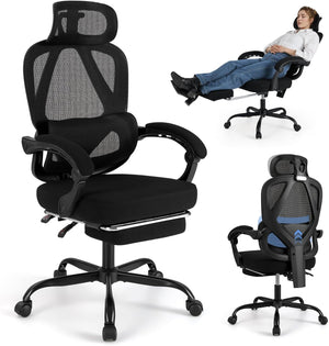 Sedia da Ufficio con Ruote, Sedia da Scrivania con Altezza Regolabile, Poggiapiedi Estraibile, Schienale Regolabile a 135°, Poggiatesta e Supporto Lombare Regolabili, Portata 160 kg