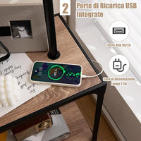 Lampada da Terra in Metallo e Legno, Lampada da Lettura con Tavolino, Mensola e Porta USB, Lampada Ruotabile di 360° per Camera da letto e Salotto