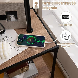 Lampada da Terra in Metallo e Legno, Lampada da Lettura con Tavolino, Mensola e Porta USB, Lampada Ruotabile di 360° per Camera da letto e Salotto