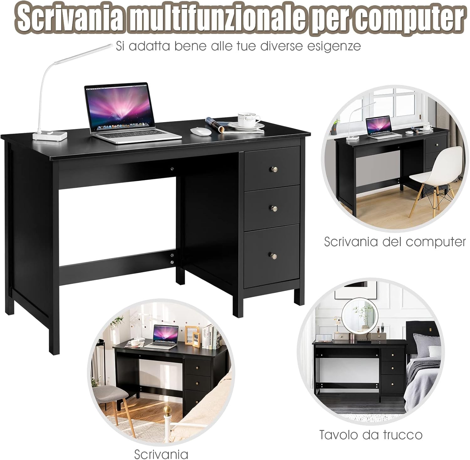 Scrivania per Computer con 3 Cassetti, Tavolo Porta PC con Superficie Spaziosa, Tavolo Moderno per Casa Studio Ufficio (Nero)