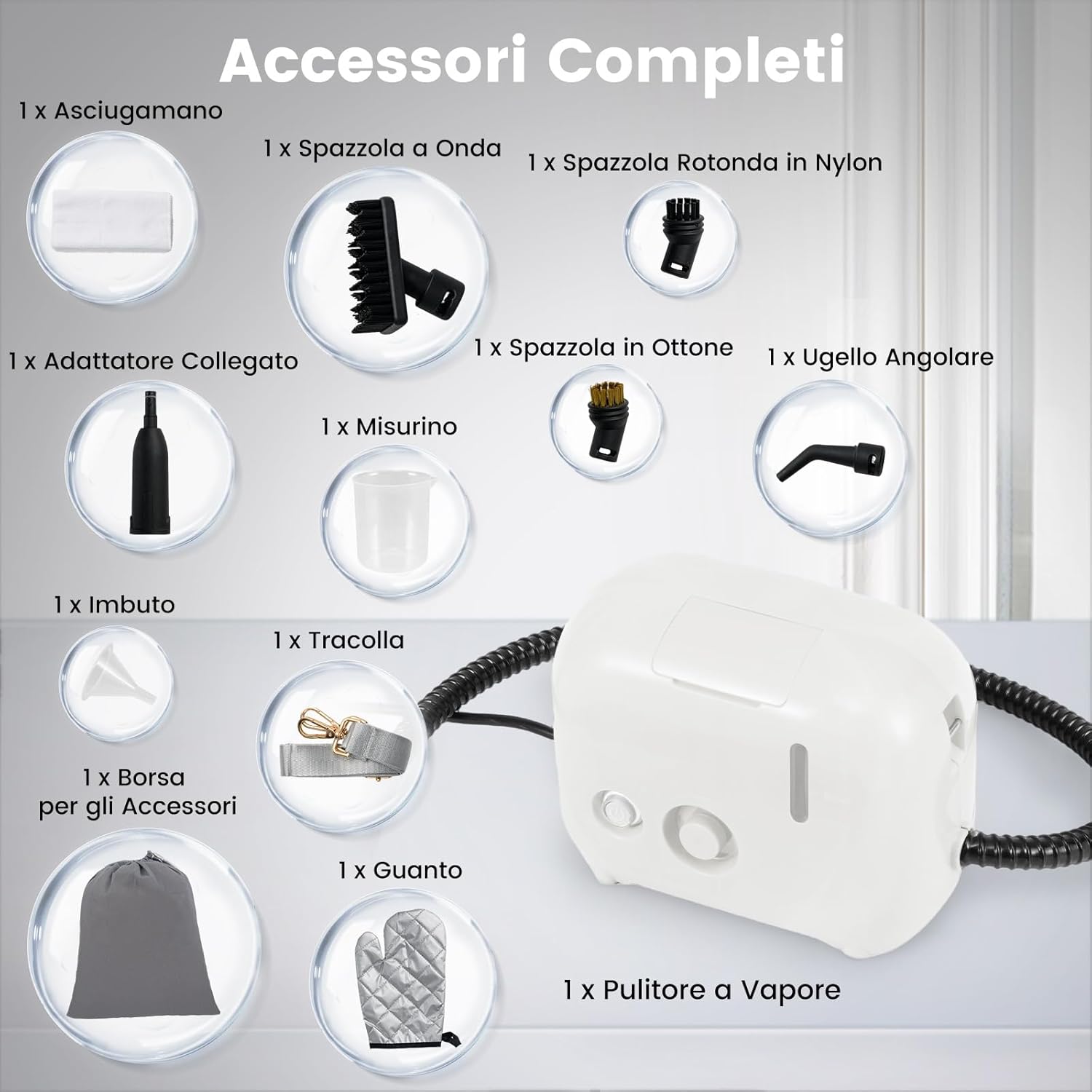 1500W Pulitore a Vapore Portatile, Vaporizzatore Domestico con Serbatoio d'Acqua 1 L (Sostenibile), Tempo Riscaldamento 10s, Macchina per Pulizia a Vapore Multiuso (Bianco)