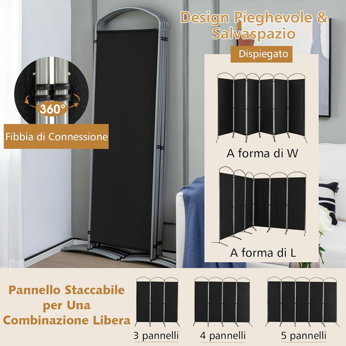 Paravento Pieghevole a 6 Pannelli, Separé Divisorio Interno ed Esterno, Pannelli Divisori per Camera da Letto, Ufficio e Soggiorno