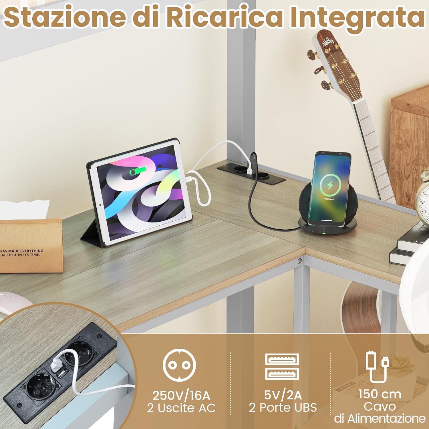 Letto a Soppalco 90 x 200 cm con Scrivania Sotto, Letto a Castello con Luce LED e Stazione di Ricarica, Letto Rialzato Struttura in Ferro con 2 Ripiani per Ragazzi e Ragazze (Argento)