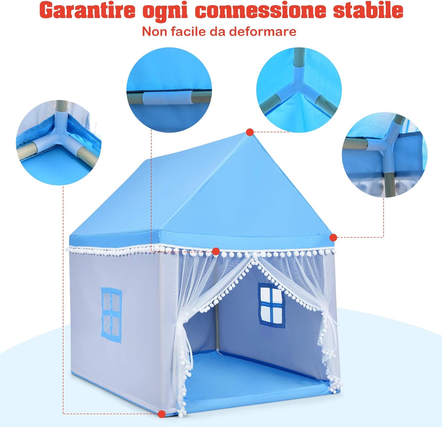 Tenda da Gioco Casetta per Bambini, Castello Giocattolo in Legno Cotone, con Struttura Stabile e Finestre Traspirabili, 105x120x140 cm (Azzurro)