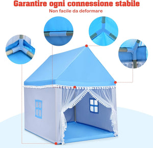 Tenda da Gioco Casetta per Bambini, Castello Giocattolo in Legno Cotone, con Struttura Stabile e Finestre Traspirabili, 105x120x140 cm (Azzurro)