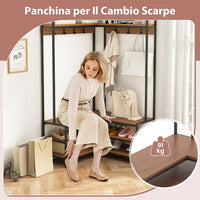 Stand Appendiabiti Angolare, Appendiabiti a Forma L con Ripiani Aperti 7 Ganci e Panca per Scarpe, Struttura in Metallo e Piedini Regolabili, 90x90x178 cm (Marrone)