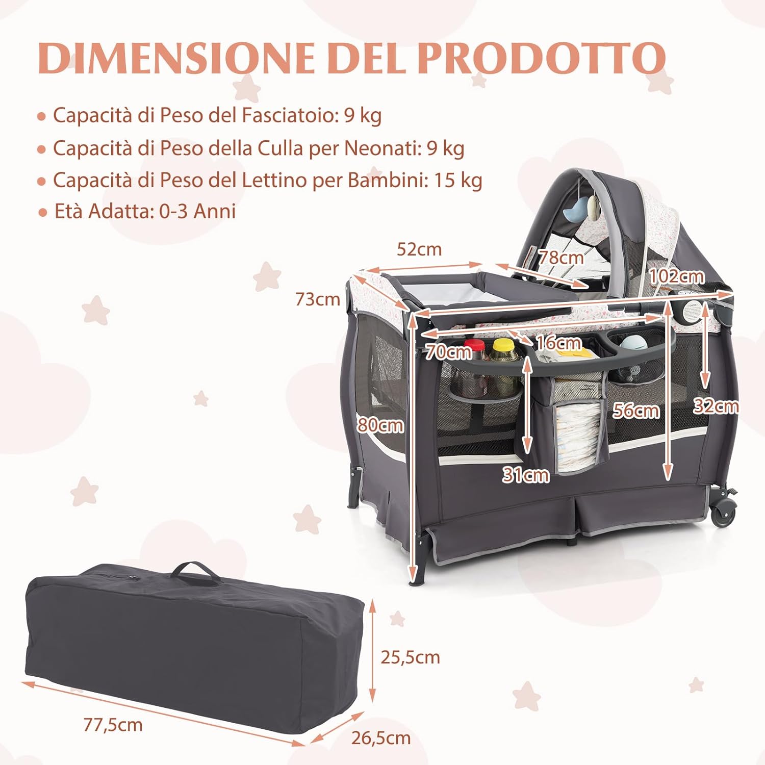 4 in 1 Lettino da Campeggio con Fasciatoio, Lettino Pieghevole per Bambini con Materasso, Centro Neonati con Culla, Box Musicale, Cappottina Regolabile, Borsa da Viaggio (Fiore Piccolo)