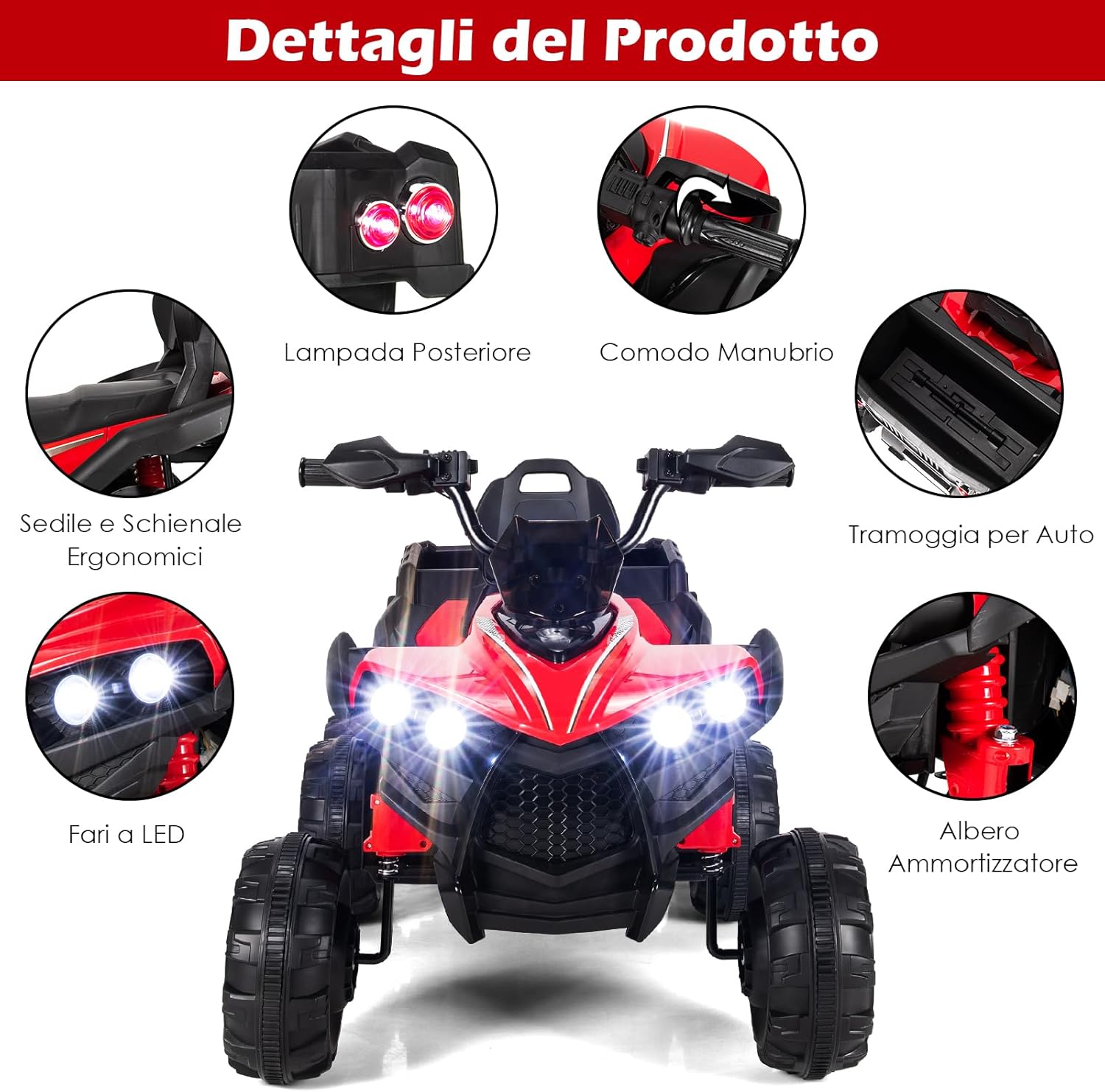 12V Quad Elettrico per Bambini, Macchina Elettrica per Bambini con 6 Ruote 4 Motori Baule Posteriore Luci LED e Musica, Trazione Integrale, 3-6 km/h, 3 Anni+ (Rosso)