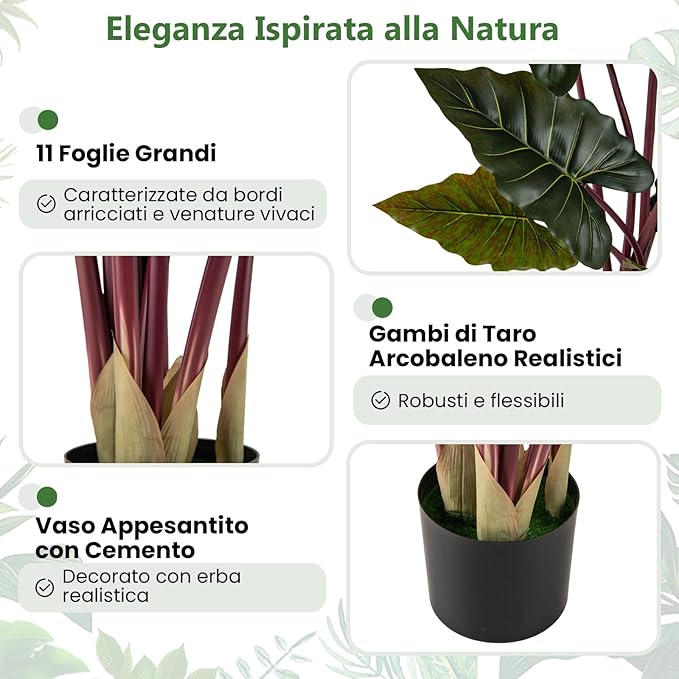Pianta Artificiale di Taro Arcobaleno 160 cm, Finta Pianta in Vaso Pre-piantato con 11 Foglie Finte, Steli Flessibili, Albero Decorativo Moderno per Ufficio e Casa