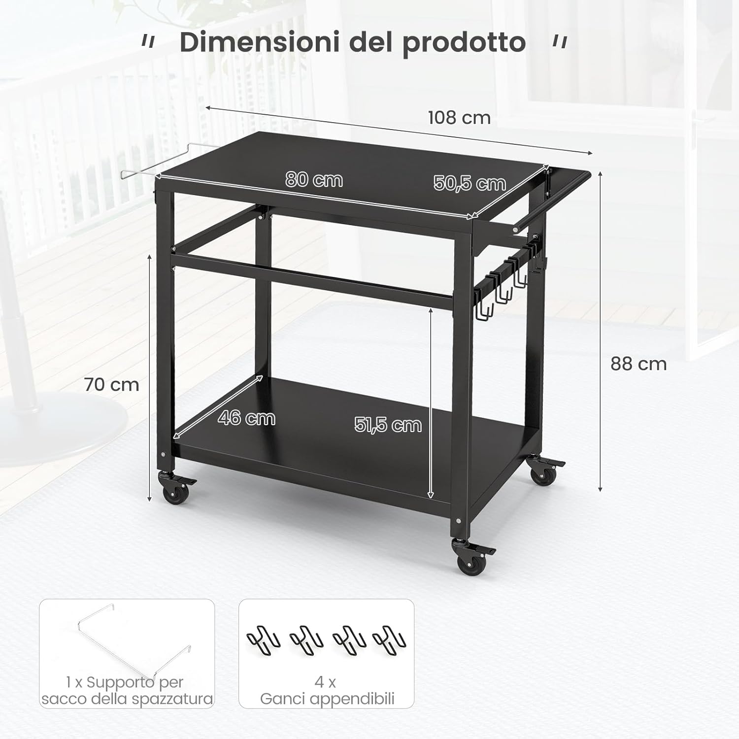 Carrello Barbecue da Esterno in Metallo, Carrello da Cucina Esterno con 2 Ripiano, 4 Ruote Bloccabili, Ganci, Maniglia Laterale, per Girdino, Cucina