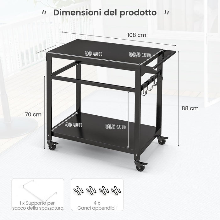 Carrello Barbecue da Esterno in Metallo, Carrello da Cucina Esterno con 2 Ripiano, 4 Ruote Bloccabili, Ganci, Maniglia Laterale, per Girdino, Cucina