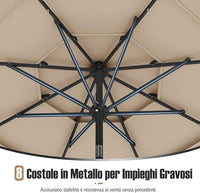 Ombrellone da Patio 313 cm con 32 Luci LED, Tetto Ventilato a 3 Piani, Inclinazioni Regolabili, Manovella, 8 Stecche, Ombrellone da Giardino, Piscina, Spiaggia