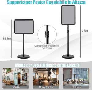 Set 2 Pezzi Supporto Poster Menù Stand per Pubblicità da Terra in Metallo, Girevole e Regolabile in Altezza, A4 / A3 (A3 Nero x 2)