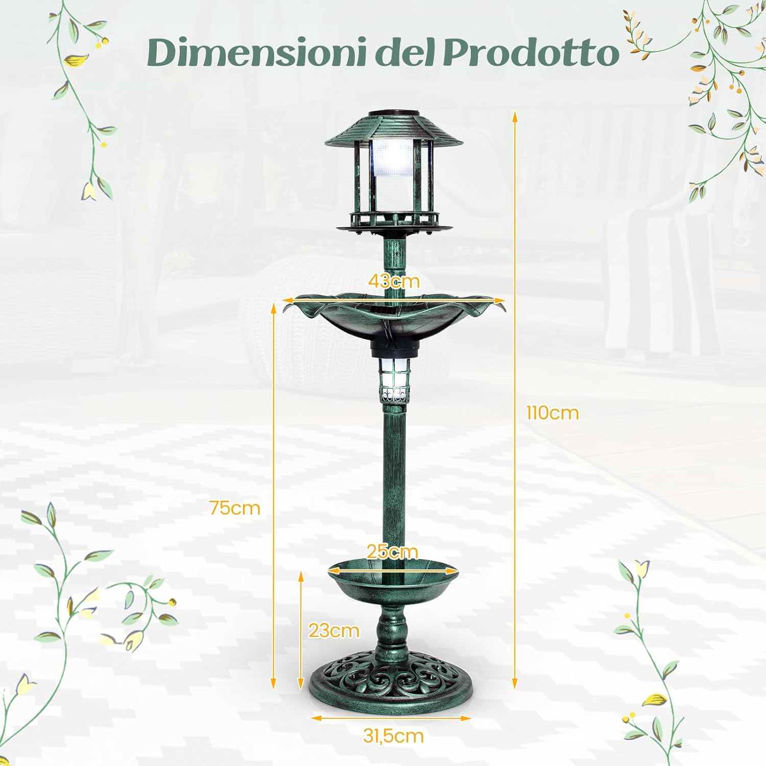 Vasca per Uccelli da Giardino a Energia Solare, Abbeveratoio e Mangiatoia per Uccelli da Esterno con 2 Lampade a Energia Solare, Fioriera e Supporto Riempibile (Bronzo, 43 x 43 x 110 cm)