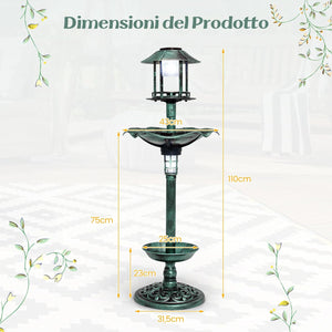 Vasca per Uccelli da Giardino a Energia Solare, Abbeveratoio e Mangiatoia per Uccelli da Esterno con 2 Lampade a Energia Solare, Fioriera e Supporto Riempibile (Bronzo, 43 x 43 x 110 cm)