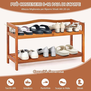 Scarpiera a 2 Livelli, Scaffale per Scarpe in Legno di Acacia Solido con Ganci Laterali in Metallo, Contiene 12 Paia, Capacità di Ogni Ripiano 20 kg, 74 x 26 x 42 cm (2 Livelli)