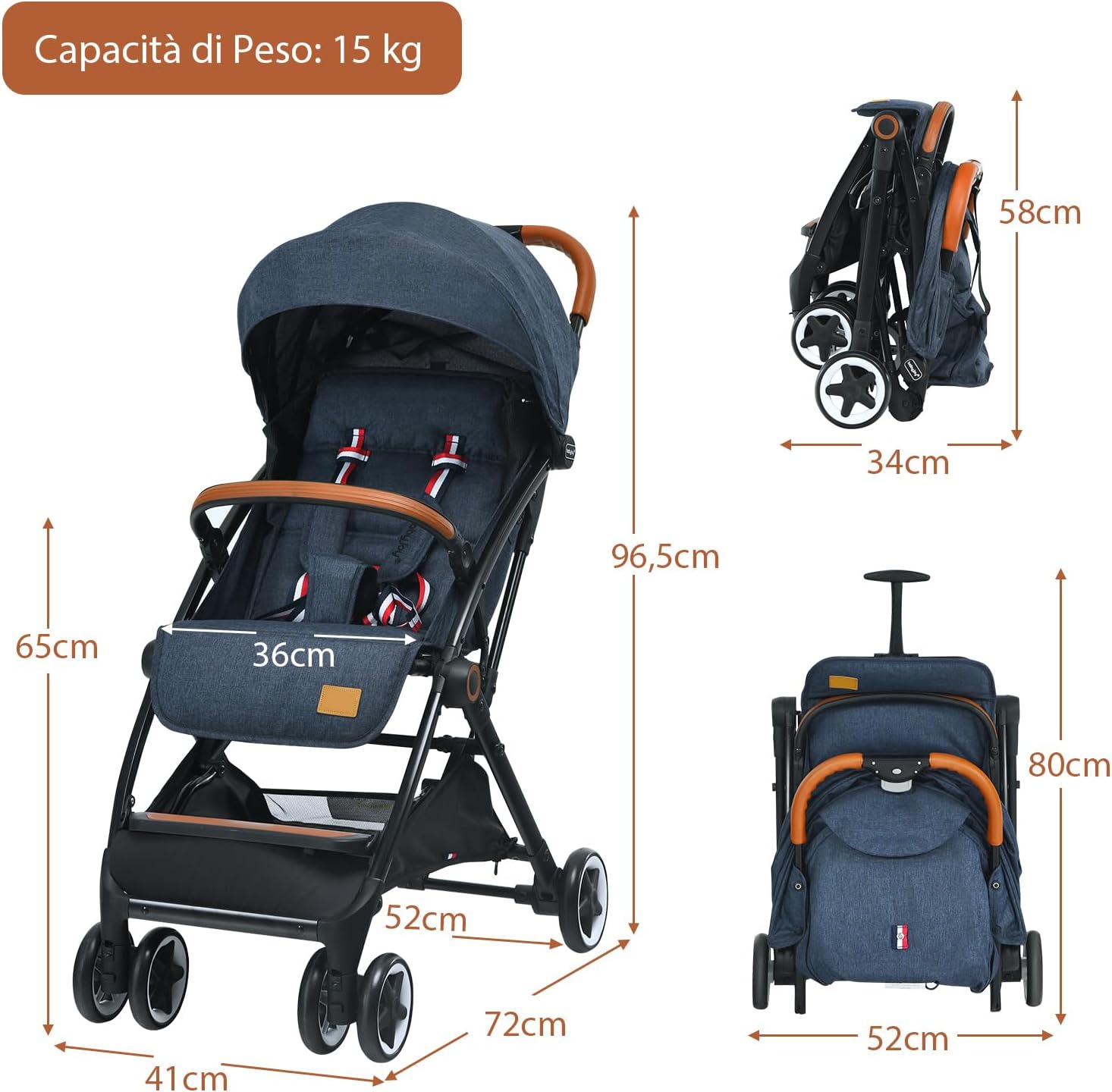 Passeggino Pighevole per Bmabini, Passeggino con Schienale e Poggiapiedi Regolabili, Passeggino Leggero Portata 15 kg, con Cappottina e Zanzariera, per Bambini 0-3 Anni (Blu)