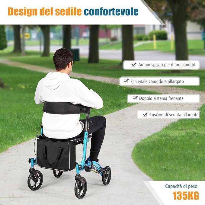 Deambulatore Pieghevole per Anziani Ultraleggero, con Sedile Borsa da Spesa e 4 Ruote Freno a Mano, Rollator Altezza Regolabile, Capacità 136kg, Lega di Alluminio, Nero (Blu)