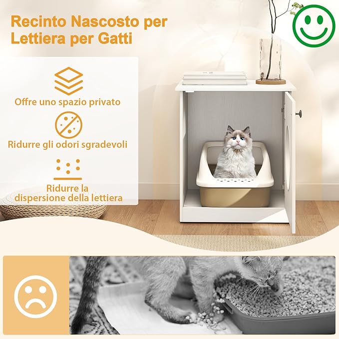 Lettiera per Gatti 51 x 47 x 57 cm, Toilette Nascosta per Gatti con Anta, Armadietto per Soggiorno e Camera da Letto, Bianco