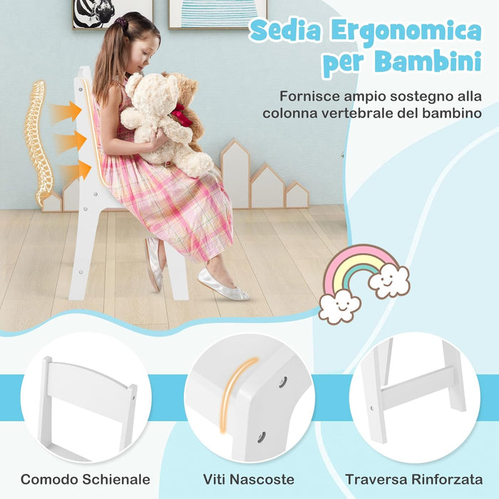 Toeletta Trucco 2 in 1 per Bambina, Specchiera Staccabile per Ragazza in Legno Robusto con 4 Cassetti in Tessuto, Sgabello e Specchio, Postazione Trucco per 3 Anni, 104 x 40 x 117 cm (Bianco)