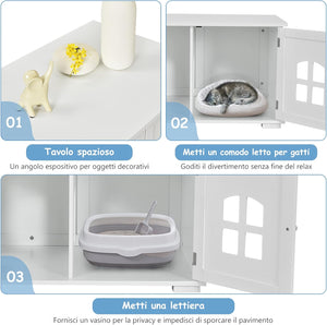 Casetta per Gatti, Casetta-comodino per Gatti con Doppie Porte e Finestre, Casetta Decorativa Ventilata per Domestici, 81 x 53 x 49 cm (Bianco)