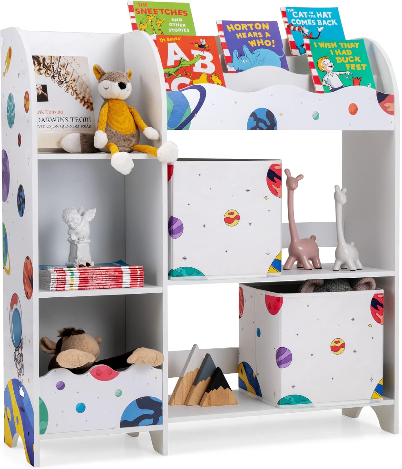 Armadio per Bambini, Scaffale di Legno con 3 Livelli e 5 Scompartimenti, 2 Cassetti in Tessuto e 3 Spazi per Giocattoli e Libri, Scaffale Verticale per Bambini, Bianco (Astronauta)